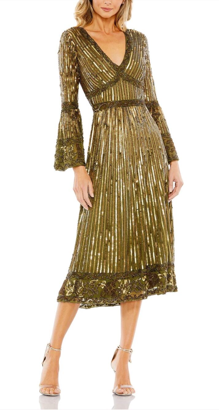 Mac Duggal 5591 Green Cocktail Dress Sequined Long Sleeve A-Line Midi Size 4